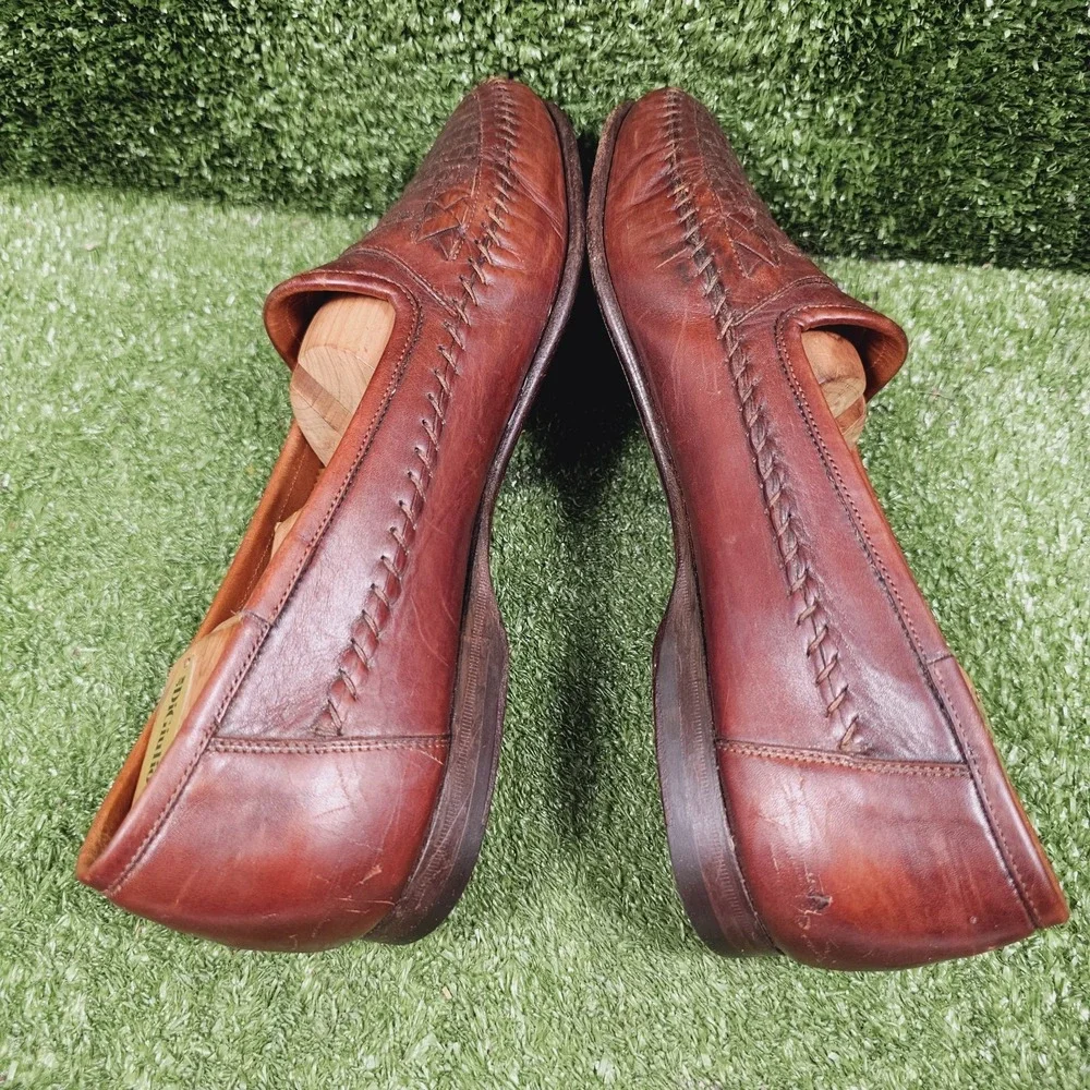 Santoni Woven Brown Leather Slip On Dress Penny Loafers Mens Size 9.5